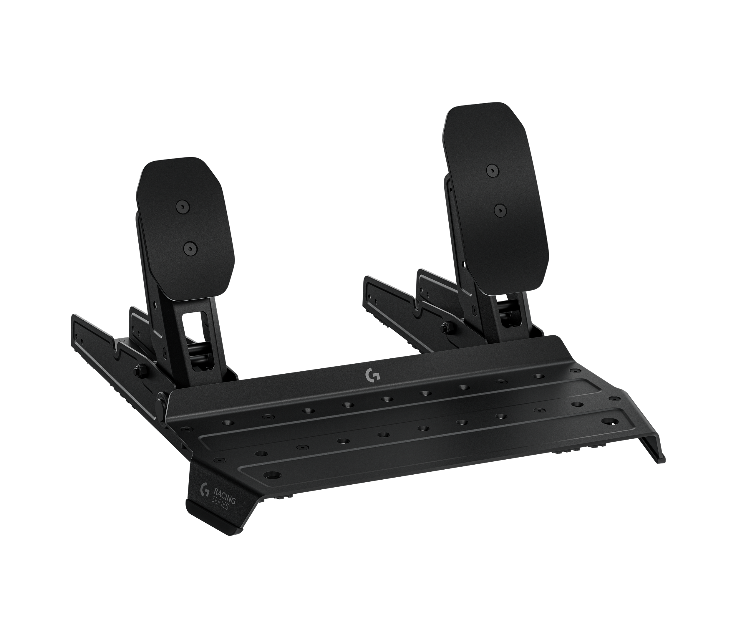 The Logitech G RS Pedals SE, a two-pedal set on a black steel frame.
