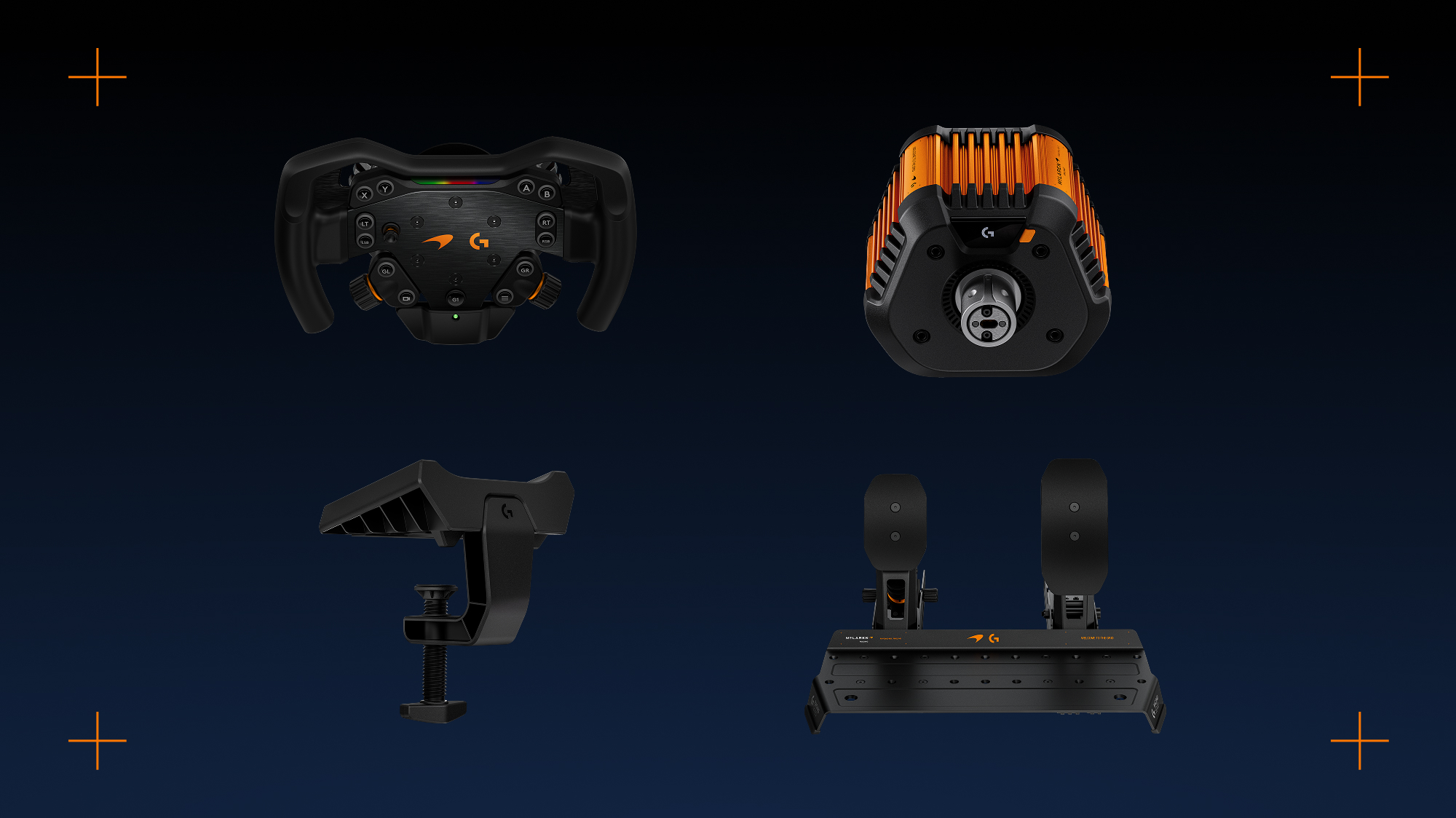 The four parts of the RS50 McLaren Racing Bundle laid out: the McLaren wheel, the papaya RS50 base, a table clamp and the pedal set.