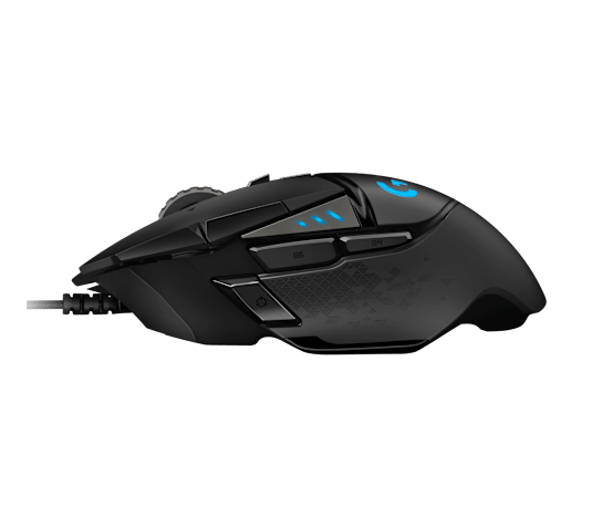 Logitech g502 hero | hero 25k | 25. 600 dpi | 11 programabilnih gumbov | lightsync rgb | žična gaming miška 4 Logitech g502 hero stranski pogled z gumbi za palec in indikatorji dpi