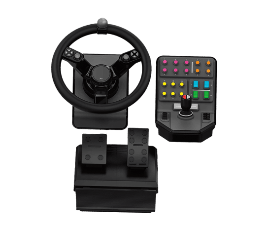 Logitech g saitek farm sim controller sprednji pogled volan pedala in kontrolna plošča