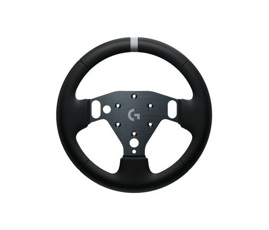 Official Logitech RS Round Wheel front view with its circular grip, centre stripe and central metal face