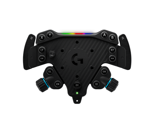 Official Logitech RS Wheel Hub without a rim, showing buttons, rotary controls, paddles and RGB rev lights