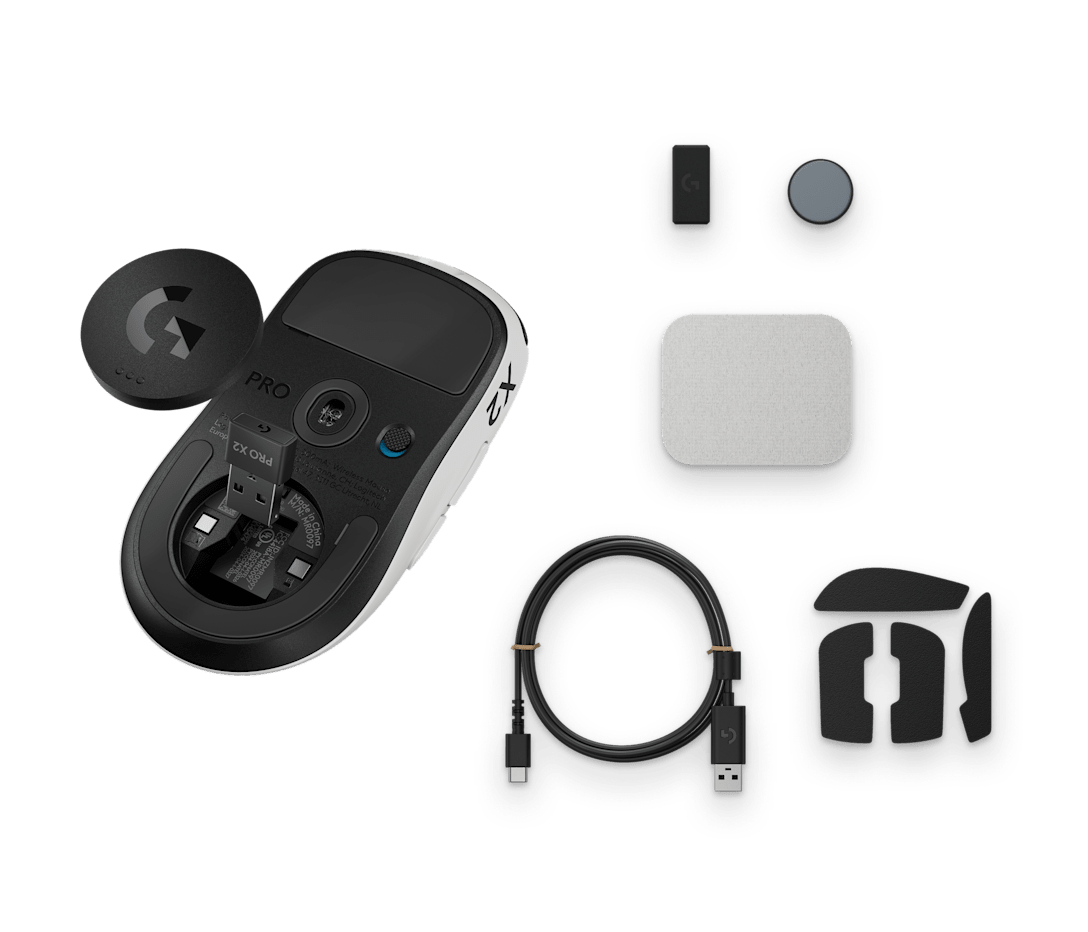 Logitech PRO X2 SUPERSTRIKE mouse with receiver, charging cable, grip tape and included accessories