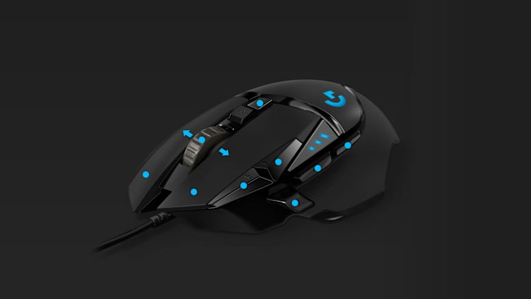 Logitech g502 hero | hero 25k | 25. 600 dpi | 11 programabilnih gumbov | lightsync rgb | žična gaming miška 2 Logitech g502 hero z označenimi enajstimi programabilnimi gumbi